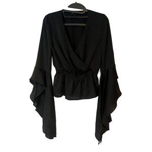 Express Blouse Womens Size XS Bell Draped Sleeve Black Academia Flowy Date Night